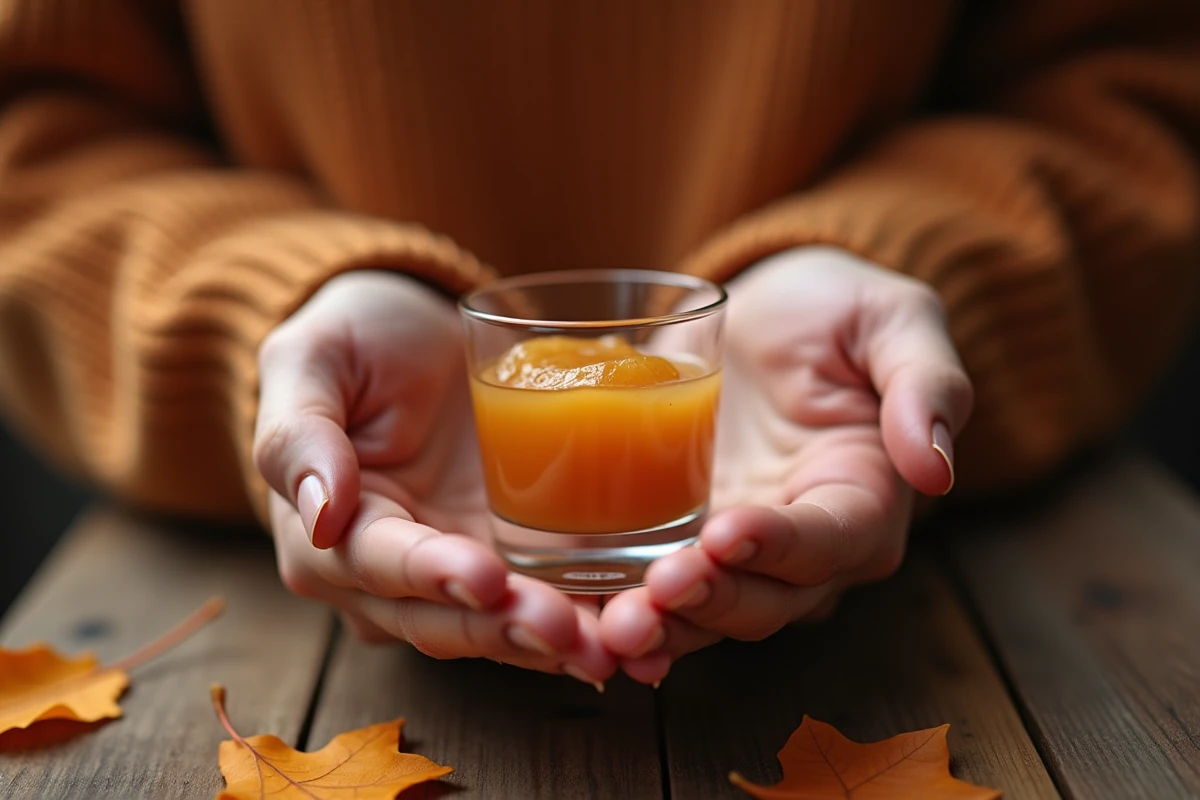 Mains tenant délicatement une verrine de pâte de fruit à la pomme ambrée avec pull en laine et décoration de feuilles d'automne en arrière-plan