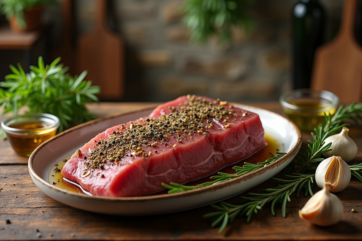 Filet de chevreuil en train de mariner dans un plat en céramique avec herbes, ail et huile d'olive sur un plan de travail en bois rustique