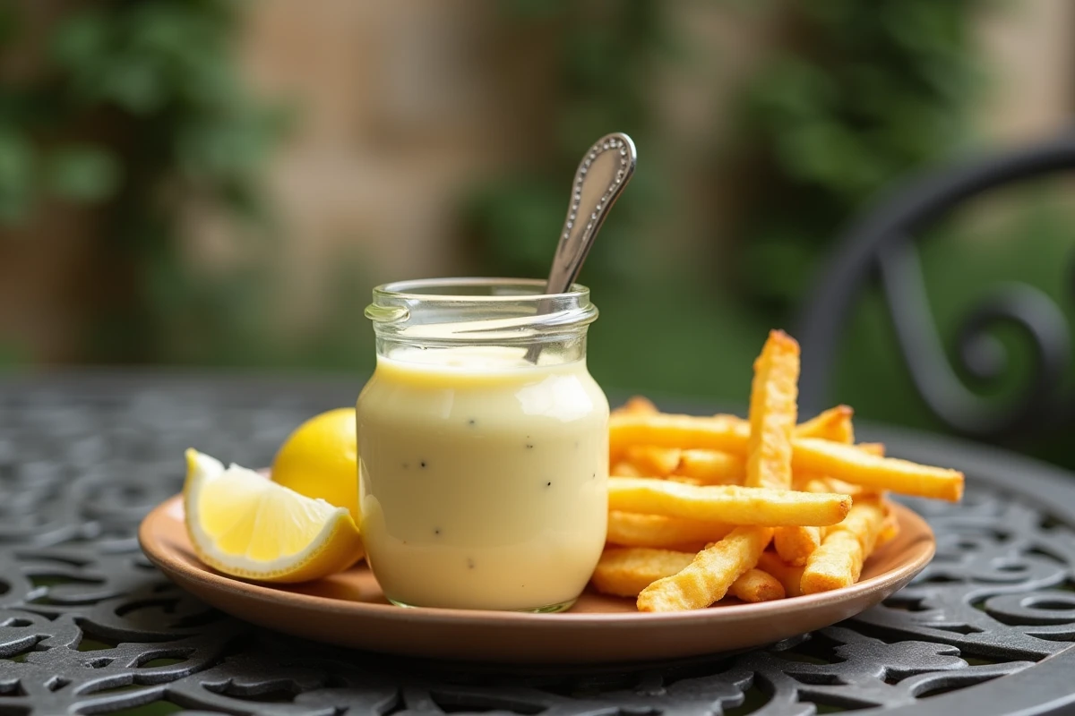 Pot en verre de mayonnaise à l'ail et au citron accompagnant des frites croustillantes sur une table de terrasse française