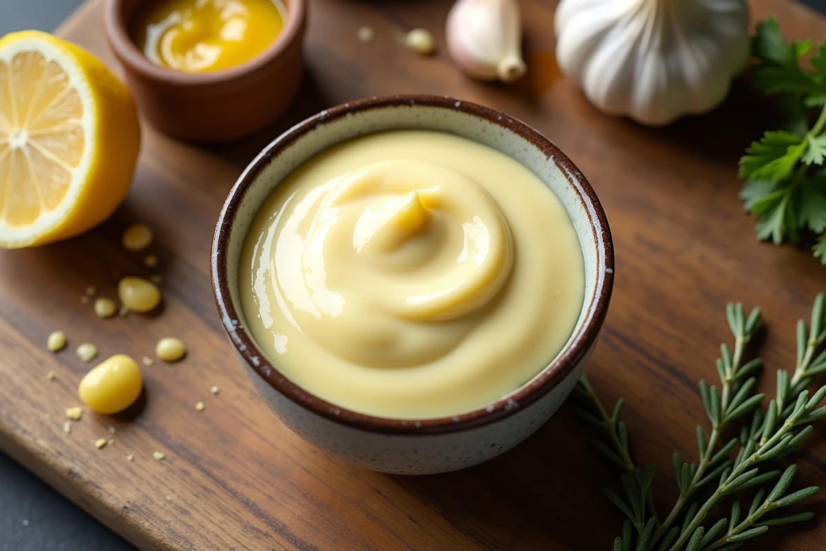 Bol de mayonnaise maison entouré de citron, moutarde de Dijon, ail et herbes fraîches sur une planche en bois rustique