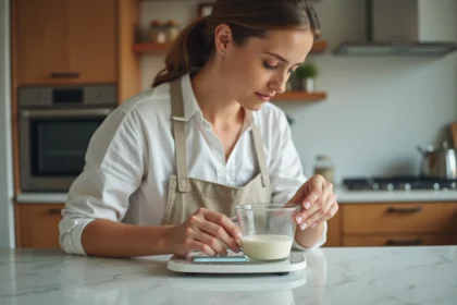Femme mesurant des ingrédients liquides avec une balance numérique et un verre doseur dans une cuisine moderne
