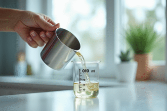 Versement de 30 ml de liquide dans un bécher moderne