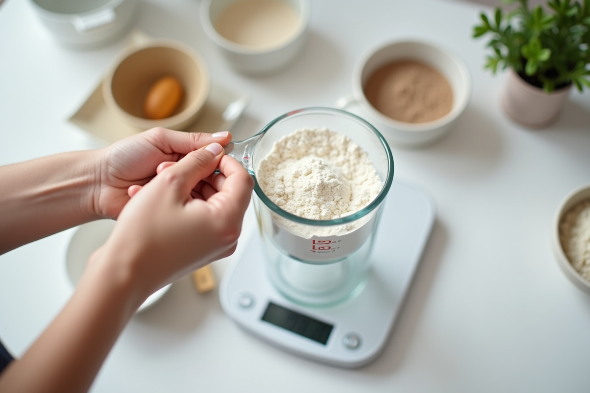Mains tenant un verre de farine avec balance de cuisine