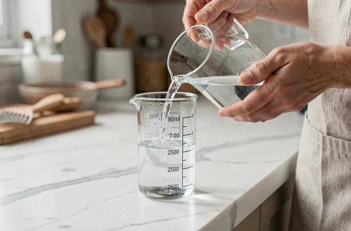 Mains versant de l'eau dans un verre doseur gradué à 25 cl sur un plan de travail en marbre blanc