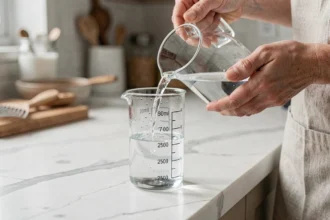 Mains versant de l'eau dans un verre doseur gradué à 25 cl sur un plan de travail en marbre blanc