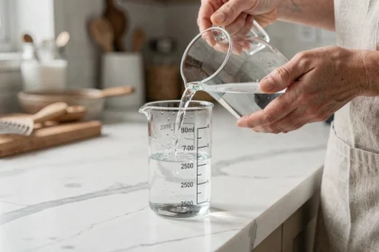Mains versant de l'eau dans un verre doseur gradué à 25 cl sur un plan de travail en marbre blanc