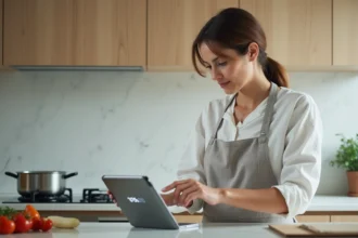 Femme utilisant un minuteur de cuisson en ligne sur tablette dans une cuisine moderne avec plan de travail en marbre