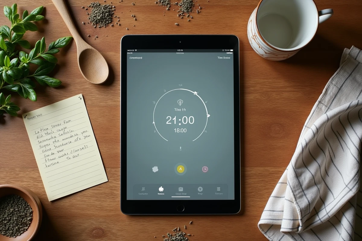 Vue en plongée d'un minuteur cuisson en ligne sur tablette entouré d'ustensiles et d'une fiche recette sur table en bois