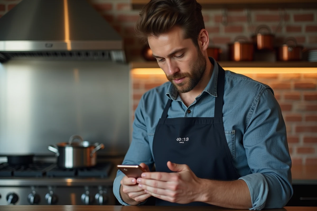 Homme consultant un minuteur cuisson multi-tâches sur smartphone dans une cuisine équipée avec casseroles en cuivre