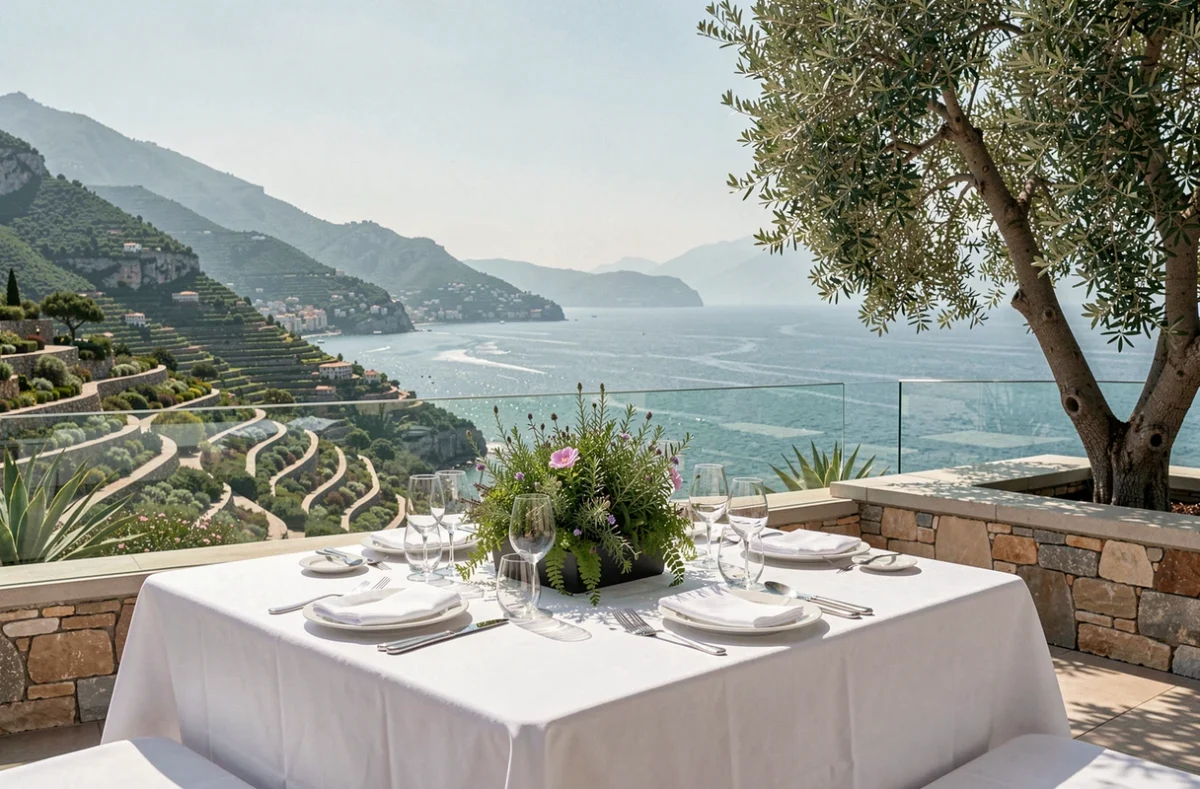 Table dressée sur la terrasse du Mirazur à Menton, restaurant trois étoiles Michelin, avec vue panoramique sur la Méditerranée et les jardins en terrasses