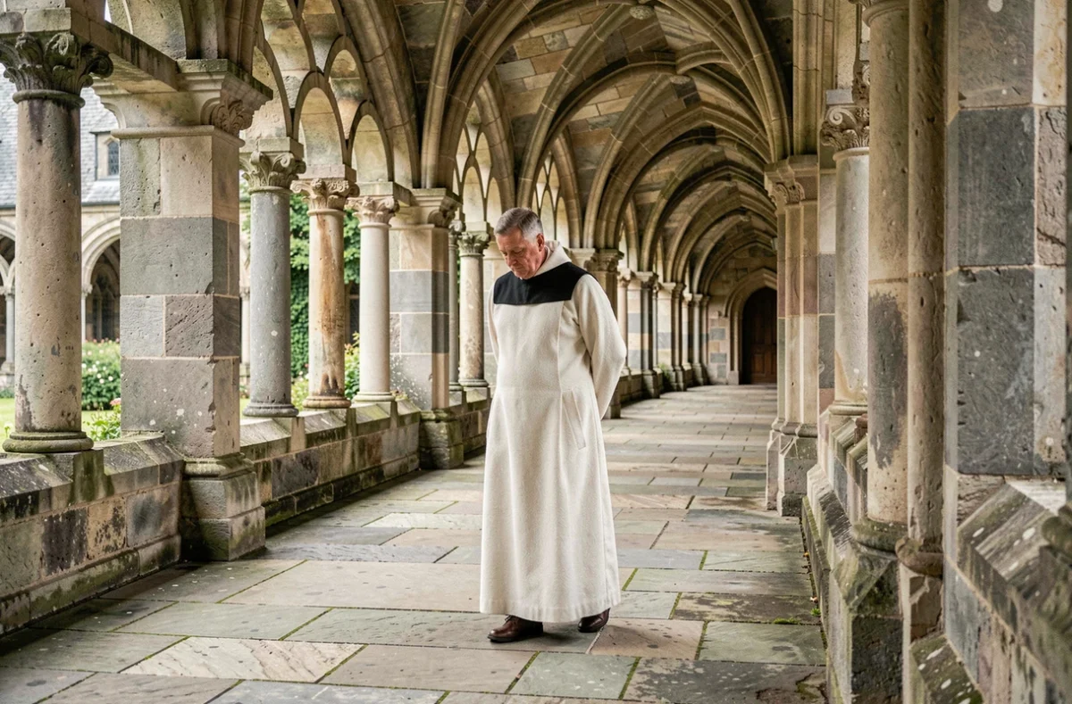 Moine trappiste en habit blanc marchant dans le cloître en pierre d'une abbaye médiévale