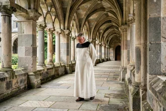 Moine trappiste en habit blanc marchant dans le cloître en pierre d'une abbaye médiévale