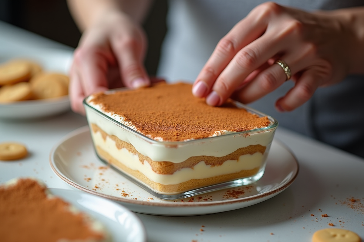 Mains disposant des biscuits ladyfinger pour tiramisu en cuisine