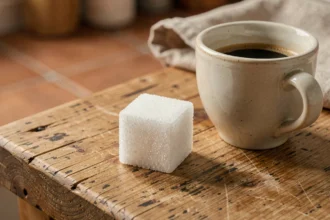 Morceau de sucre blanc en gros plan sur une table en bois avec une tasse à espresso, détail cristallin du sucre illustrant la consommation quotidienne