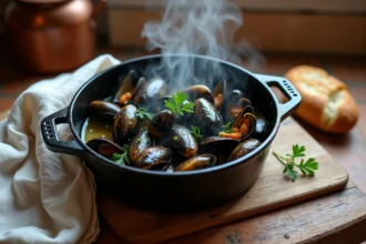 Pot de moules de bouchot marinières en cocotte en fonte sur une table en bois rustique dans une cuisine bretonne