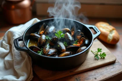 Pot de moules de bouchot marinières en cocotte en fonte sur une table en bois rustique dans une cuisine bretonne