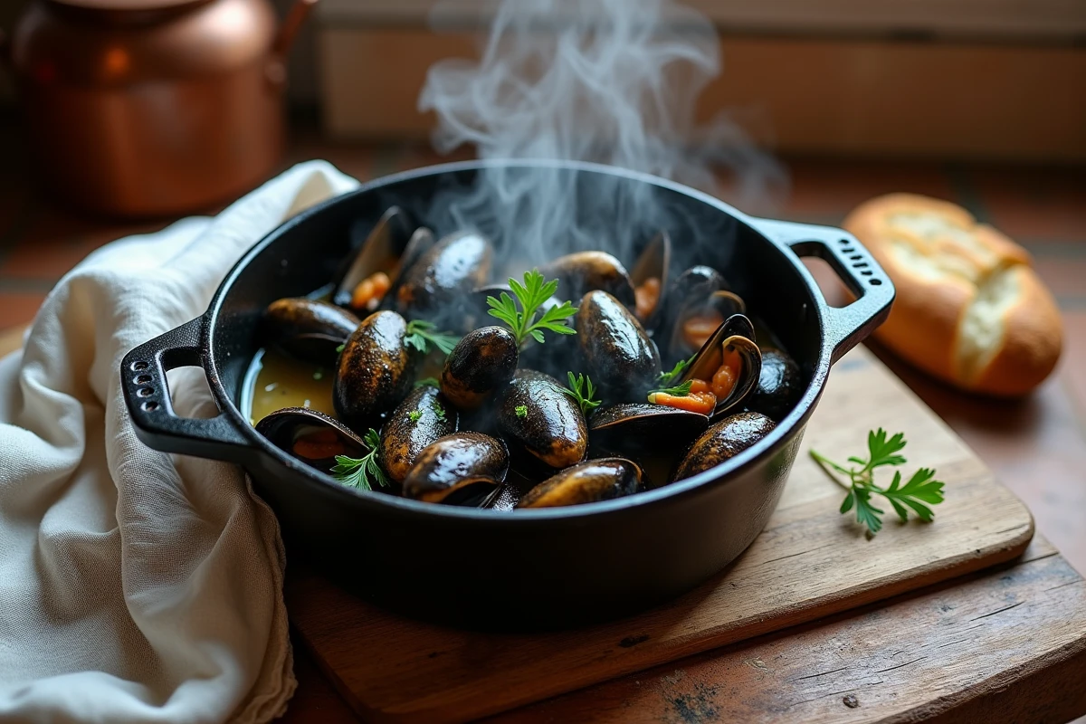Pot de moules de bouchot marinières en cocotte en fonte sur une table en bois rustique dans une cuisine bretonne