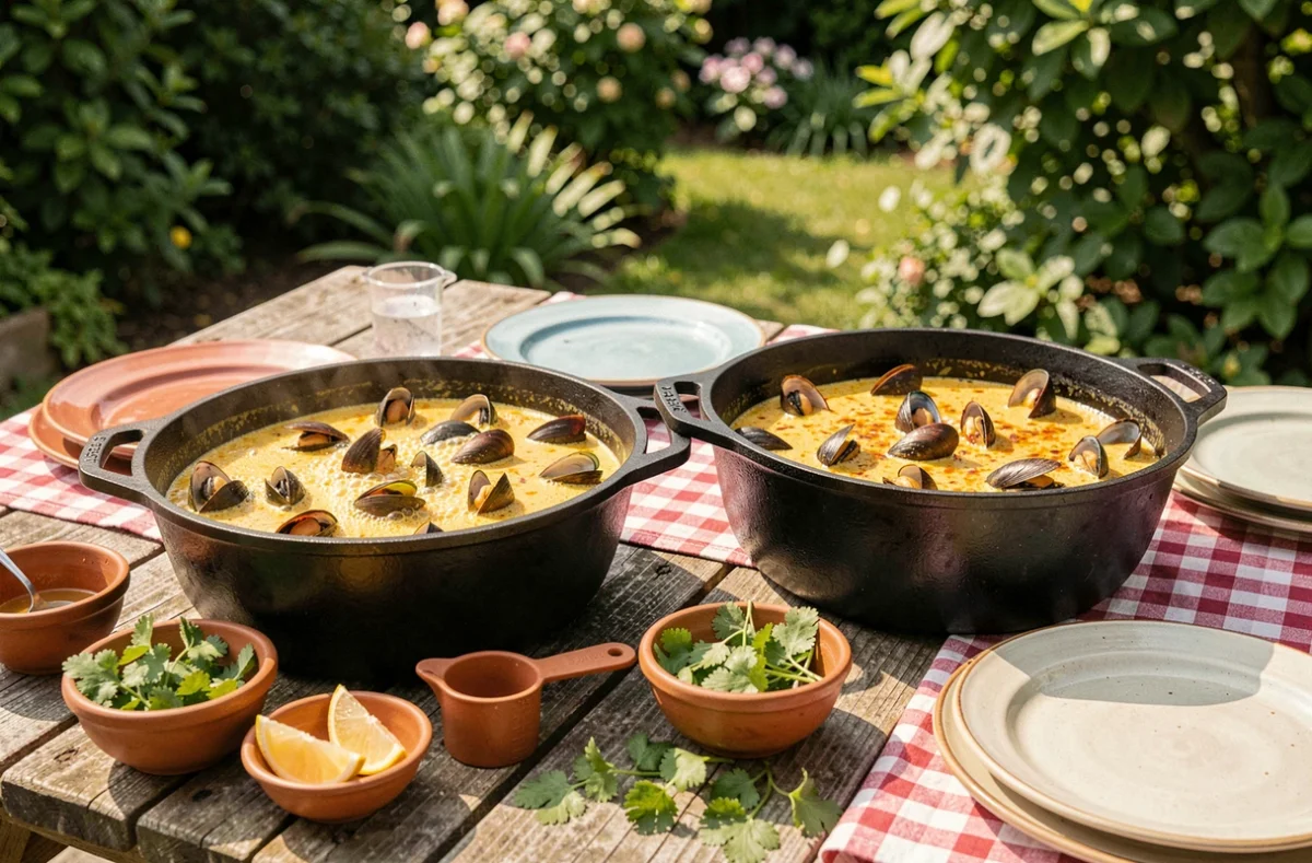 Deux cocotes de moules au curry avec garnitures disposées sur une table de jardin pour un repas convivial
