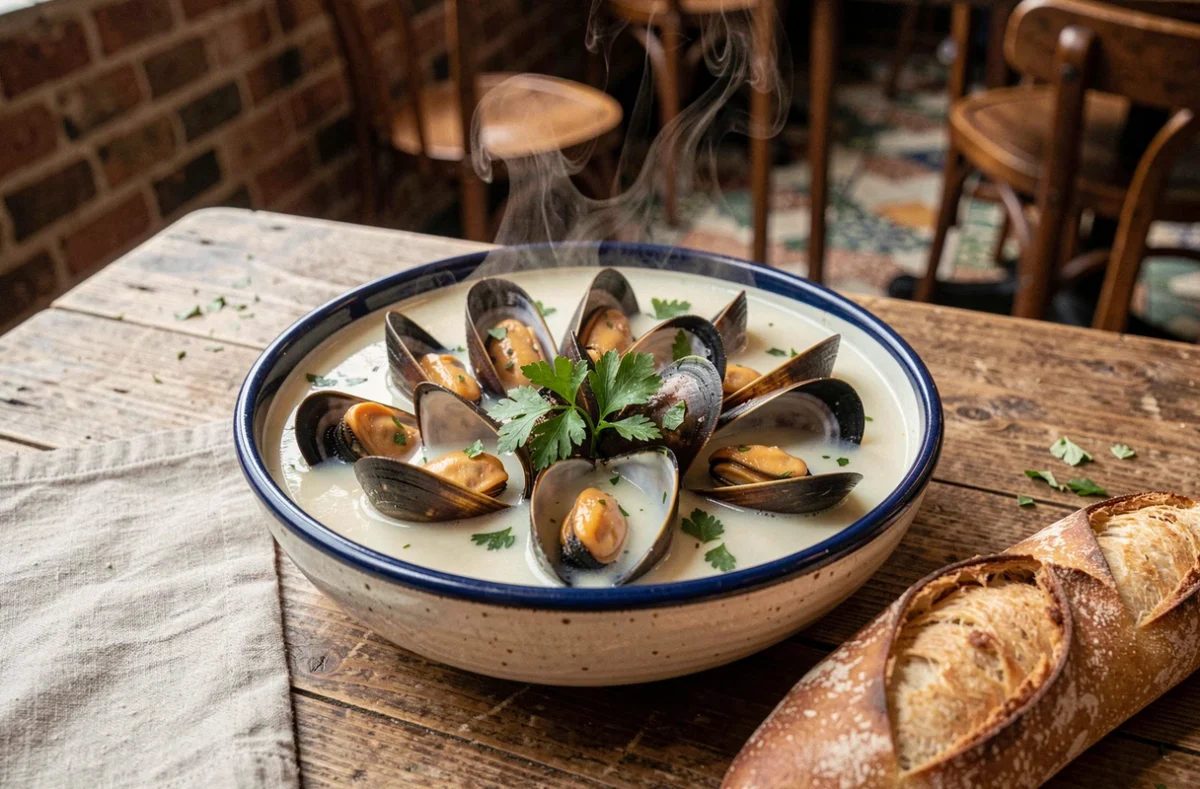 Bol de moules marinières fumantes servi avec du pain croustillant dans un bistrot français rustique