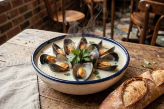 Bol de moules marinières fumantes servi avec du pain croustillant dans un bistrot français rustique