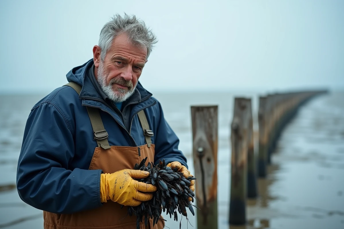 Mytiliculteur récoltant des moules de bouchot sur des pieux en bois à marée basse en baie atlantique
