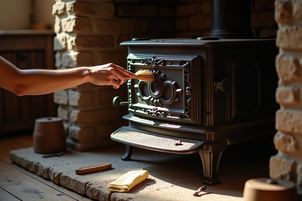 Mains nettoyant la porte d un poêle en fonte ancien