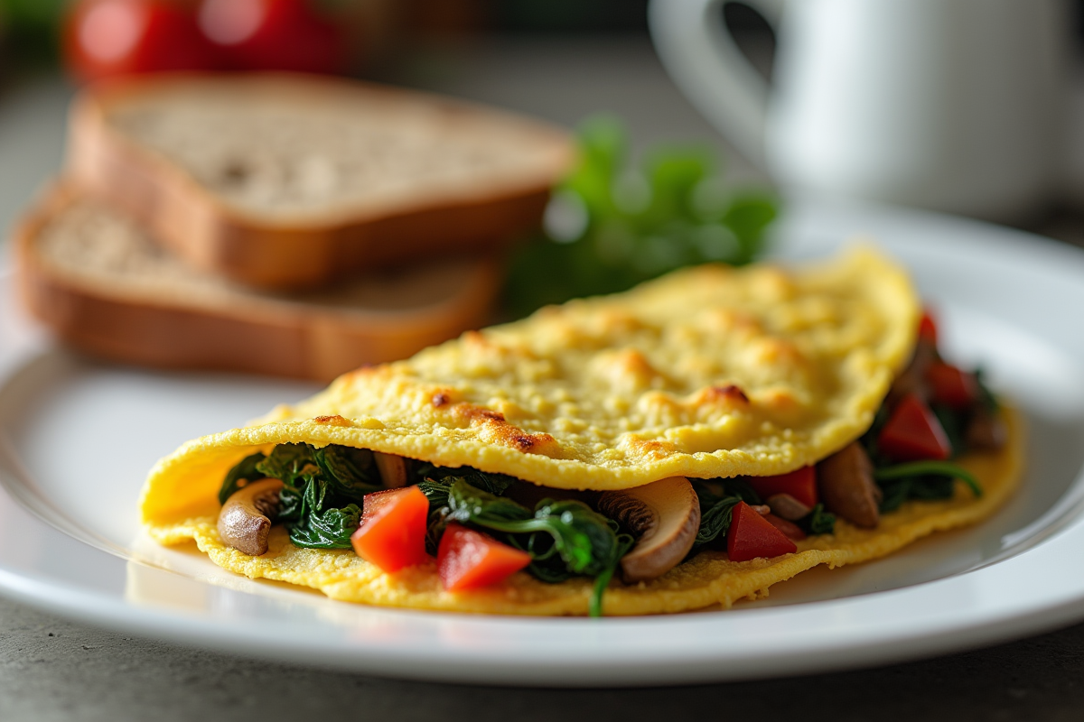 Omelette aux épinards champignons et tomates sur une assiette