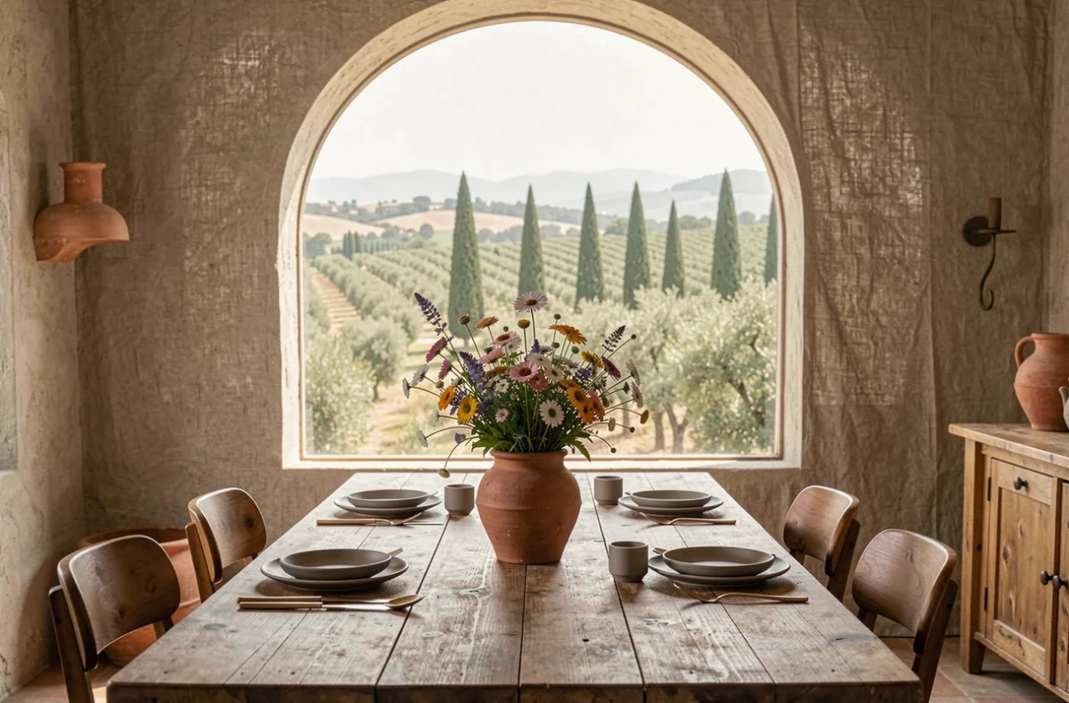 Table dressée au restaurant Oria à Saint-Rémy-de-Provence, dans un intérieur contemporain provençal avec vue sur les oliviers et les Alpilles par une fenêtre en arche