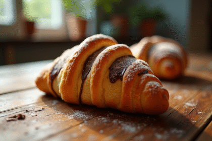 Pain au chocolat doré sur une table en bois rustique