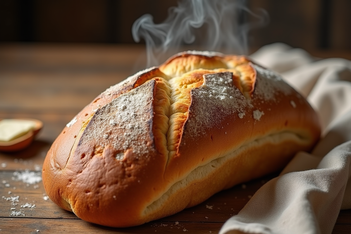 Pain chaud avec vapeur sur table rustique lumière naturelle