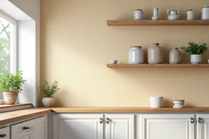 Cuisine moderne avec papier peint lessivable motif carrelage géométrique en tons crème et terracotta derrière des étagères ouvertes en bois