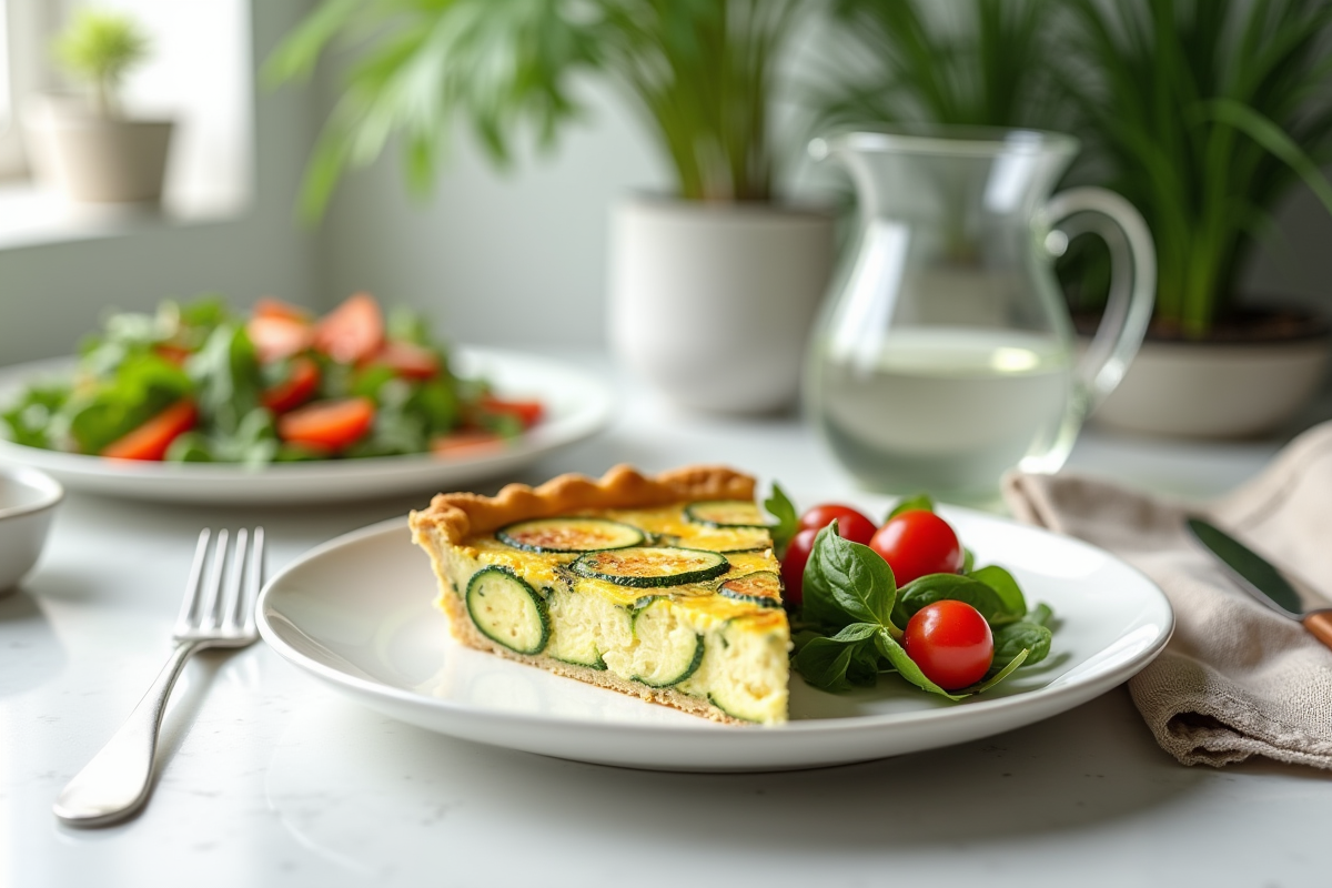 Partie de tarte zucchini avec salade colorée dans une cuisine lumineuse