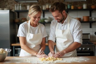 Femme et jeune homme pétrissant de la pâte à pasta dans une cuisine parisienne