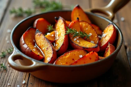 Plat de patates douces rôties au miel dans un plat en céramique rustique vu de dessus