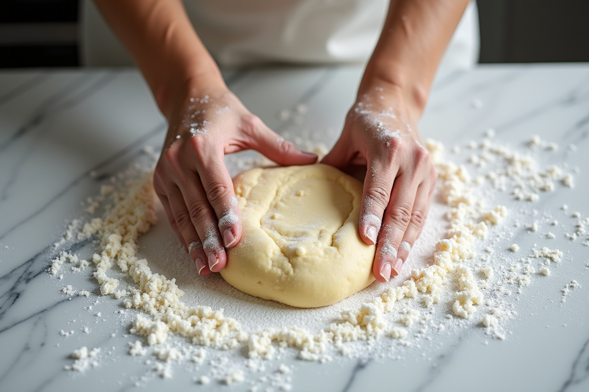 Mains pétrissant la pâte à gâteau basque sur un plan de travail fariné