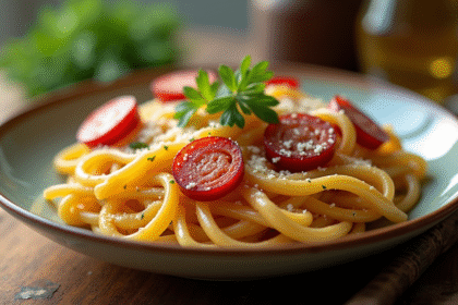 Gros plan sur des pâtes fraîches avec chorizo et parmesan