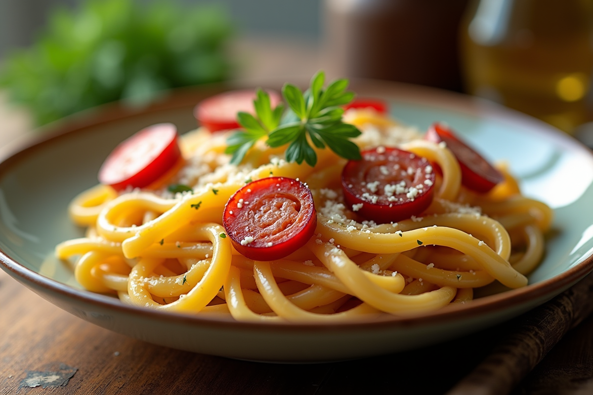 Gros plan sur des pâtes fraîches avec chorizo et parmesan