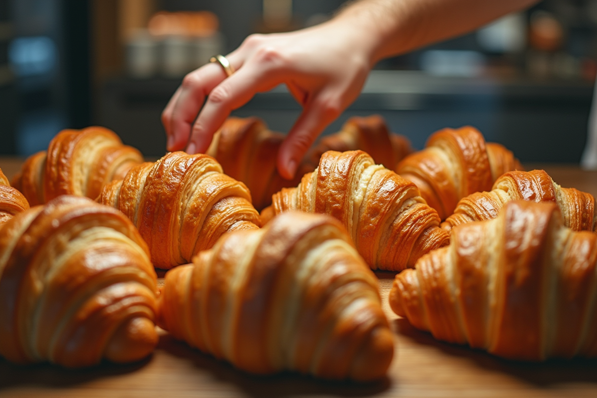 Main de boulanger disposant des croissants dorés dans une vitrine