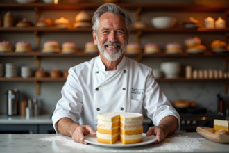 Chef pâtissier souriant avec gâteau à Paris