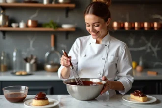 Chef pâtissière en blanc fouettant crème chocolat