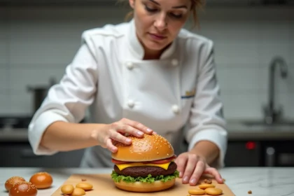 Cheffe pâtissière posant une pièce montée trompe l'oeil en forme de hamburger sur un plan de travail en marbre dans une cuisine professionnelle