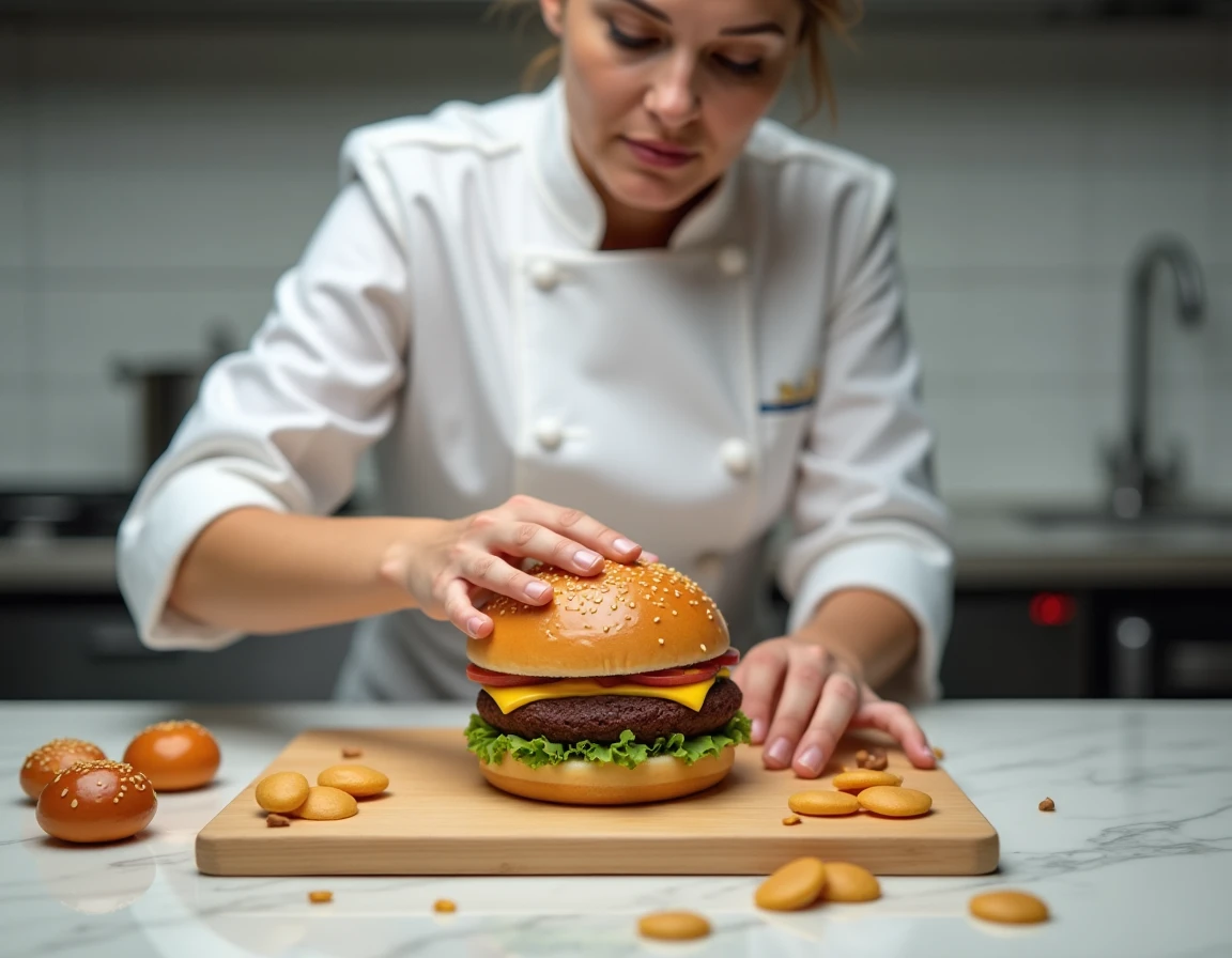Cheffe pâtissière posant une pièce montée trompe l'oeil en forme de hamburger sur un plan de travail en marbre dans une cuisine professionnelle