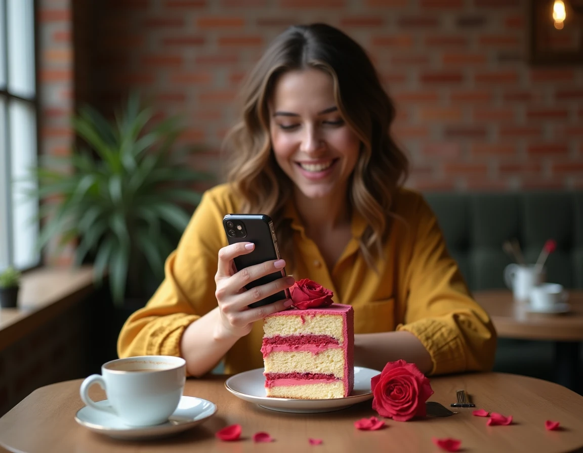 Jeune femme filmant une pâtisserie trompe l'oeil en forme de rose pour les réseaux sociaux dans un café parisien