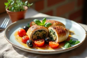 Paupiette de veau tranchée garnie d'herbes et légumes avec accompagnement méditerranéen sur assiette en céramique blanche