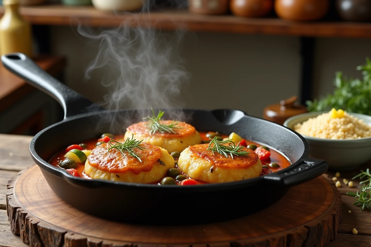 Paupiettes de veau dorées dans une poêle en fonte avec sauce méditerranéenne courgettes tomates séchées et câpres