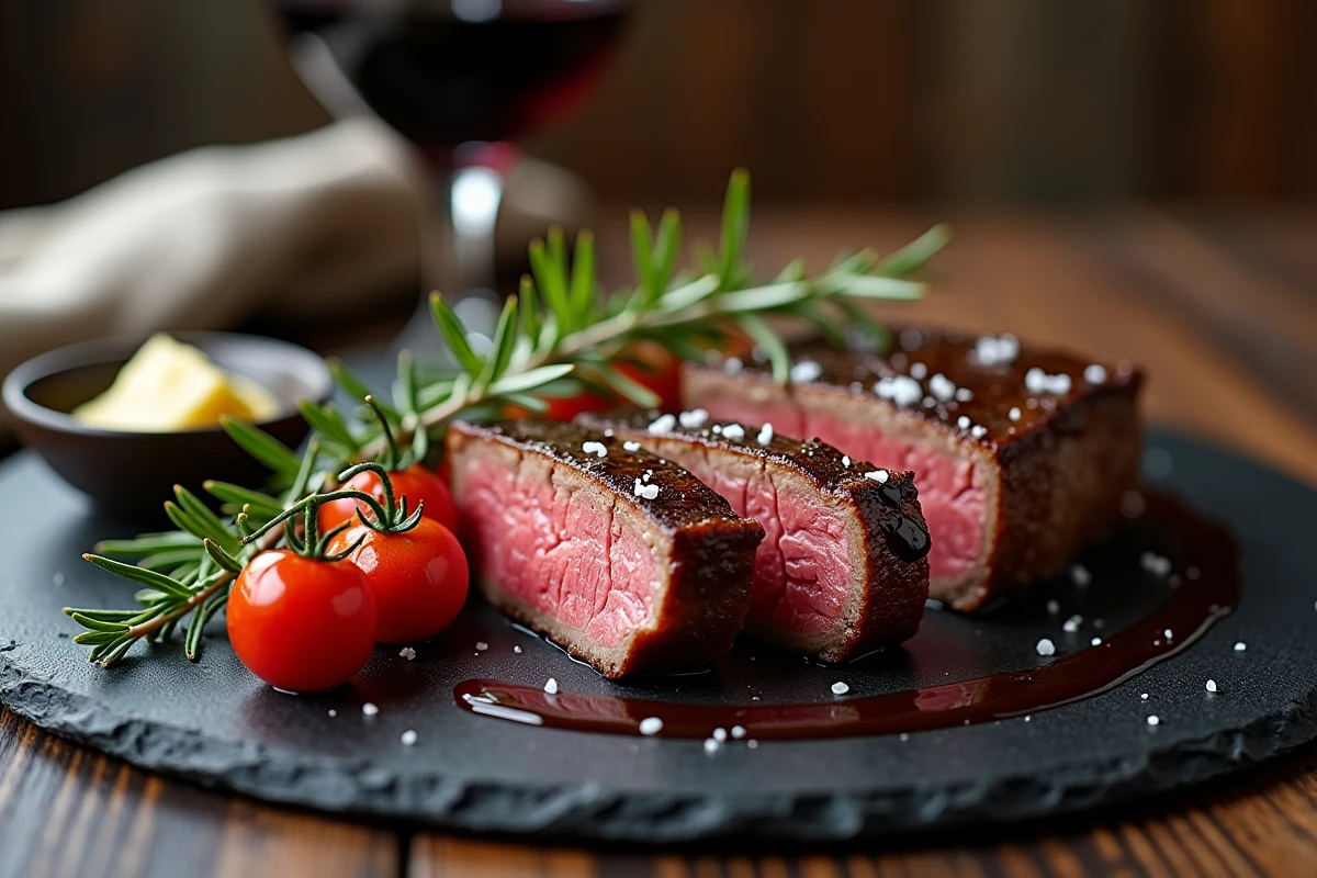 Pavé de chevreuil grillé à la plancha tranché sur ardoise avec herbes fraîches et glaçage balsamique