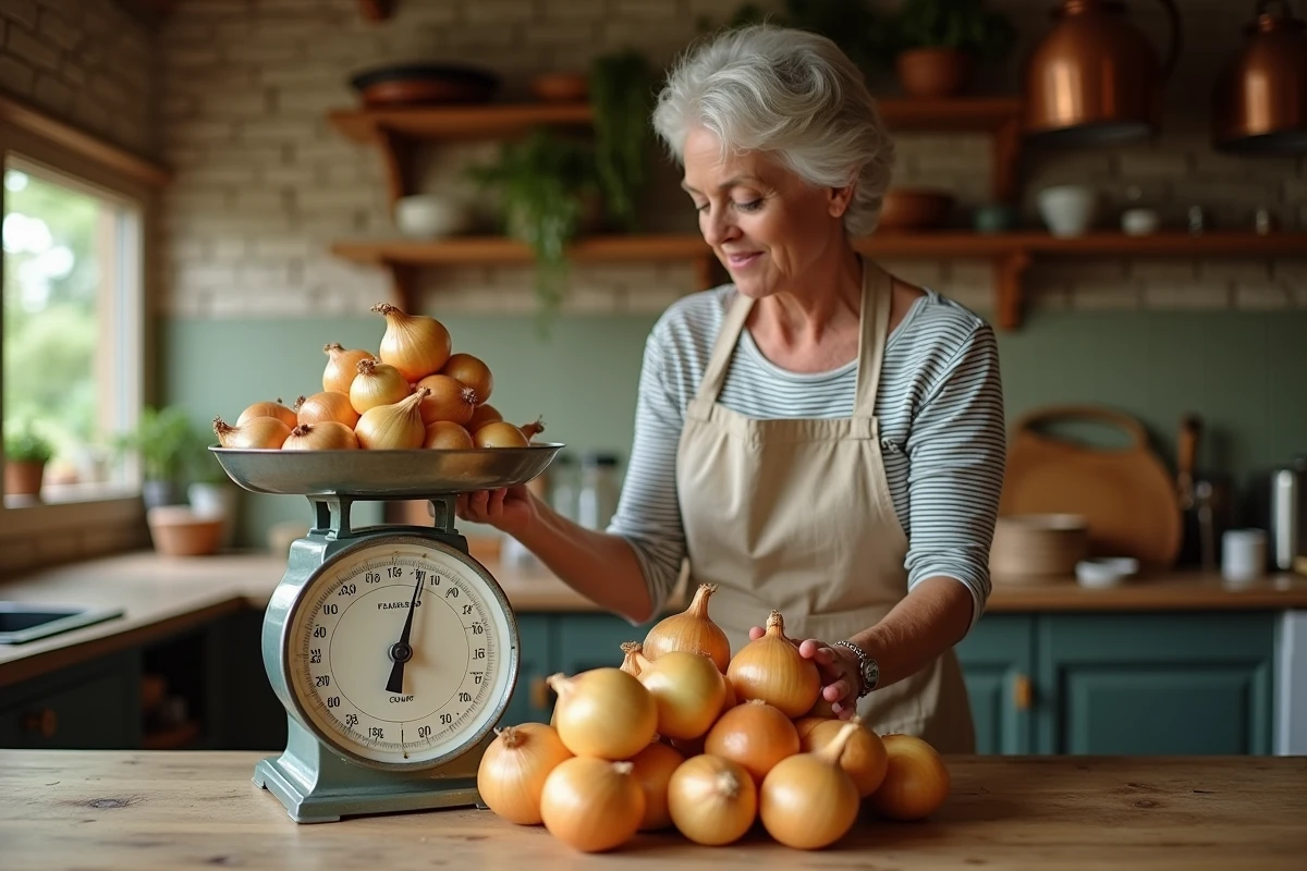 Femme pesant des oignons sur une balance de cuisine pour préparer un grand repas familial