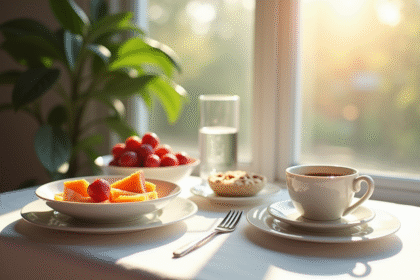 Table petit déjeuner élégante près d'une fenêtre lumineuse avec fruits et café