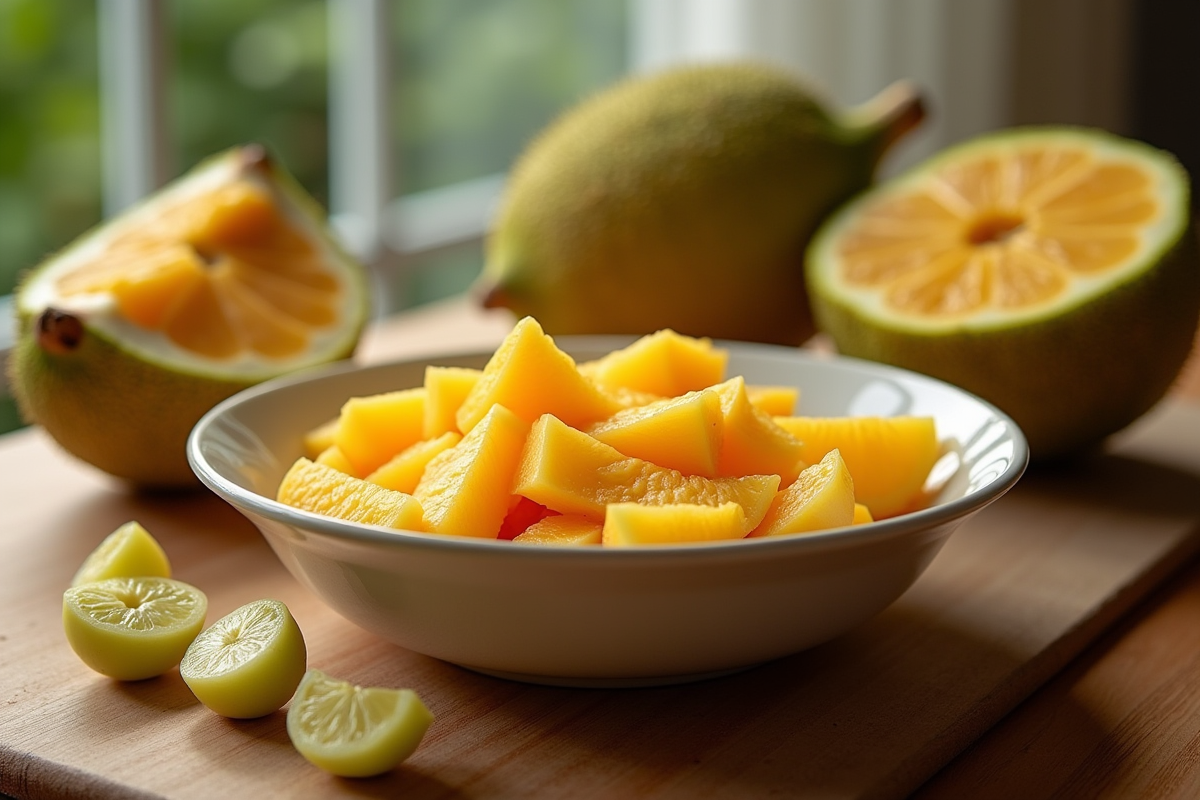 Table de petit déjeuner avec fruits exotiques frais