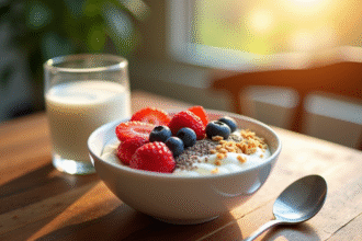 Bol de yogourt grec avec fruits rouges et graines